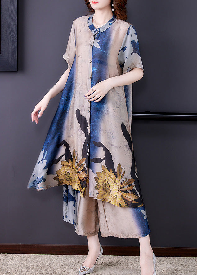 Stylish Print Chiffon Long Shirts And Wide Leg Pants Two Piece Set Summer