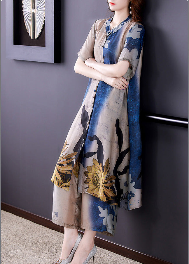 Stylish Print Chiffon Long Shirts And Wide Leg Pants Two Piece Set Summer