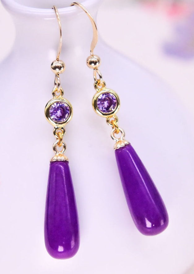 Stylish Purple 14K Gold Inlaid Mica Crystal Drop Earrings