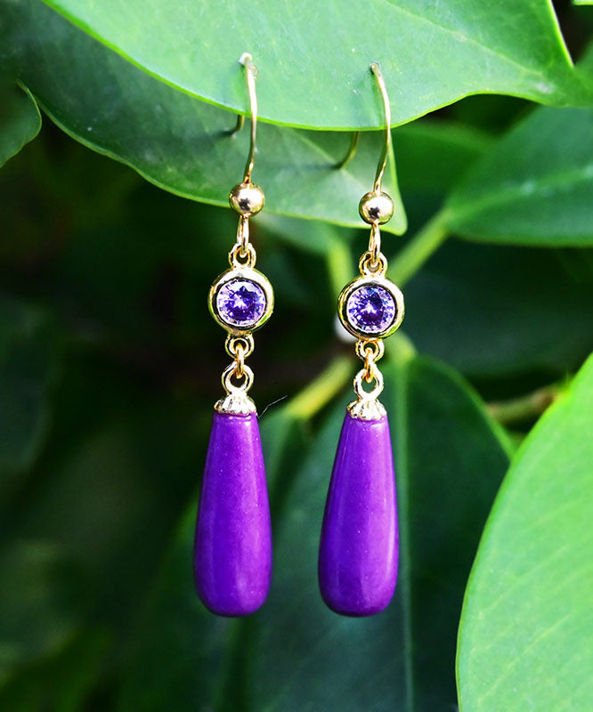 Stylish Purple 14K Gold Inlaid Mica Crystal Drop Earrings