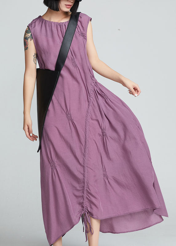 Stylish Purple Drawstring Wrinkled Cotton Long Dress Sleeveless