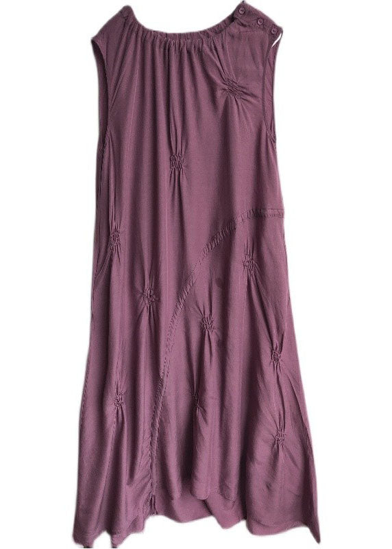 Stylish Purple Drawstring Wrinkled Cotton Long Dress Sleeveless