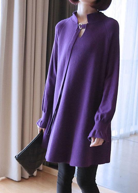 Stylish Purple V Neck Patchwork Loose Fall Knit sweaters - Omychic