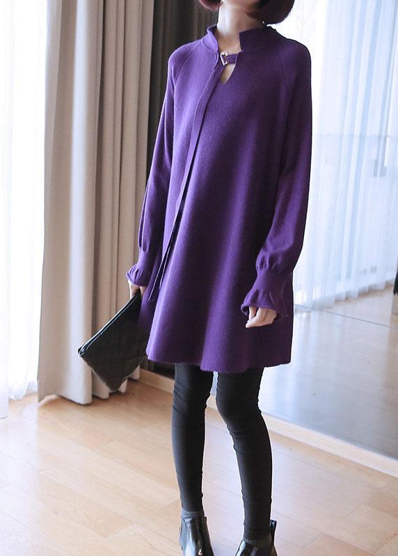 Stylish Purple V Neck Patchwork Loose Fall Knit sweaters - Omychic
