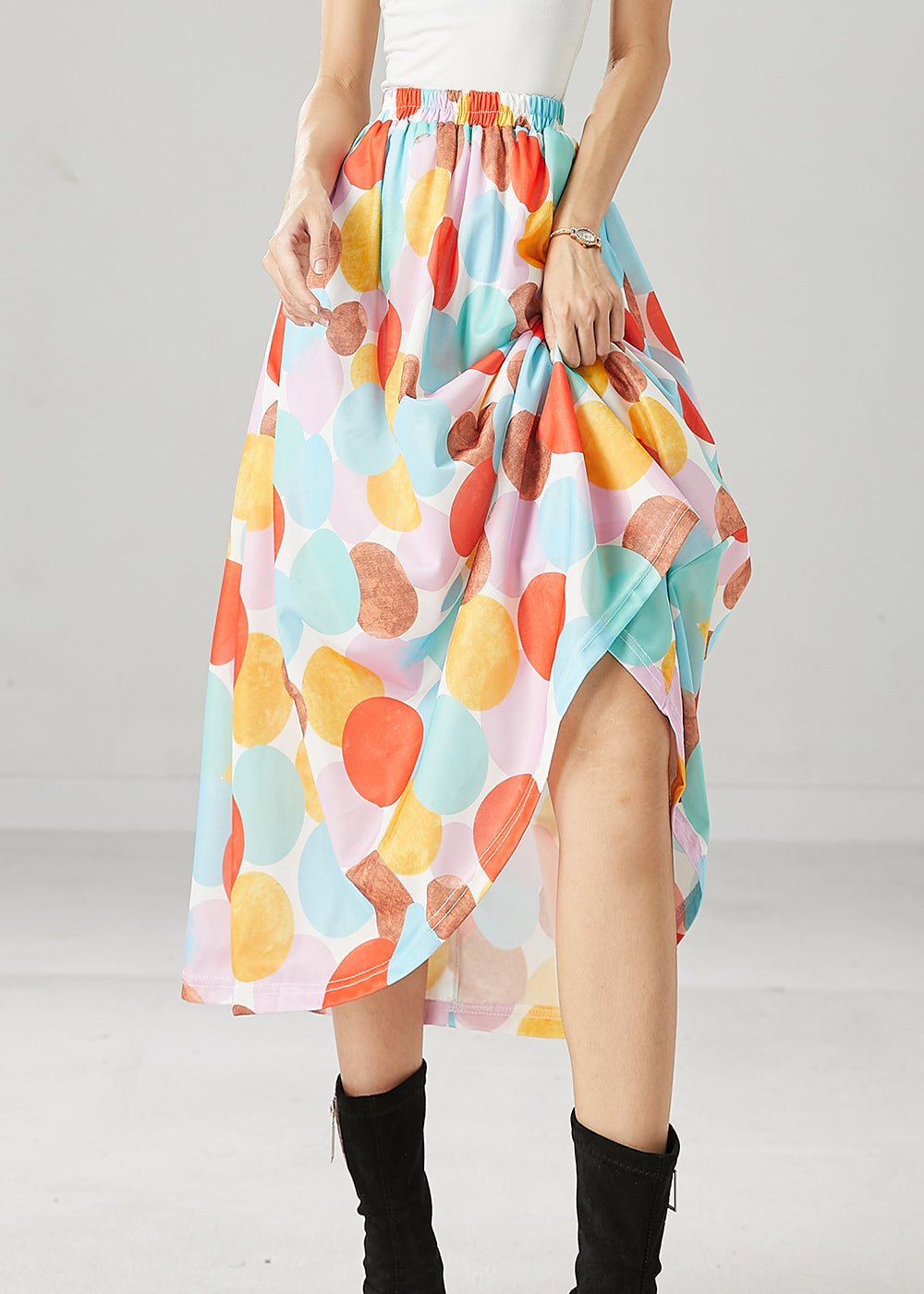 Stylish Rainbow Print Elastic Waist Cotton Skirt Spring