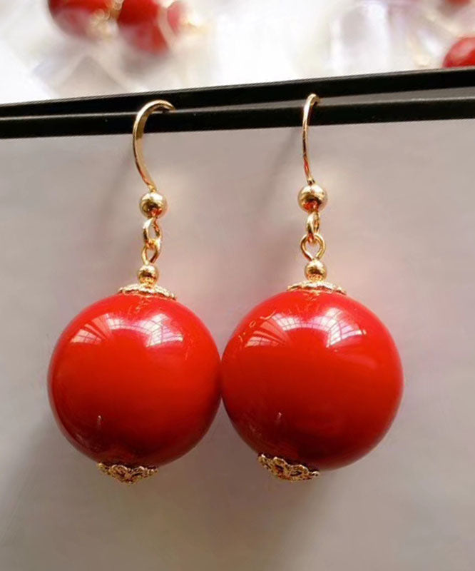 Stylish Red 14K Gold Agate Ball Drop Earrings