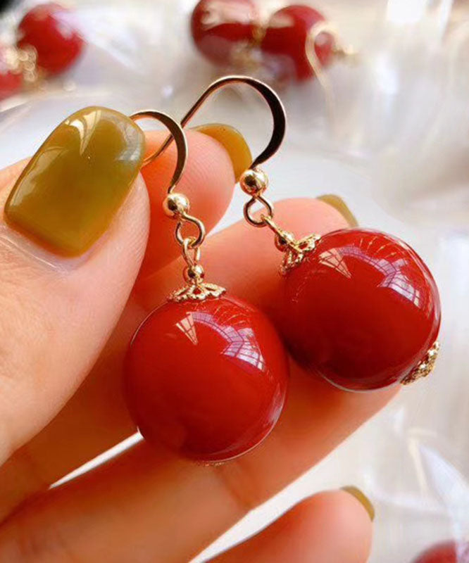 Stylish Red 14K Gold Agate Ball Drop Earrings