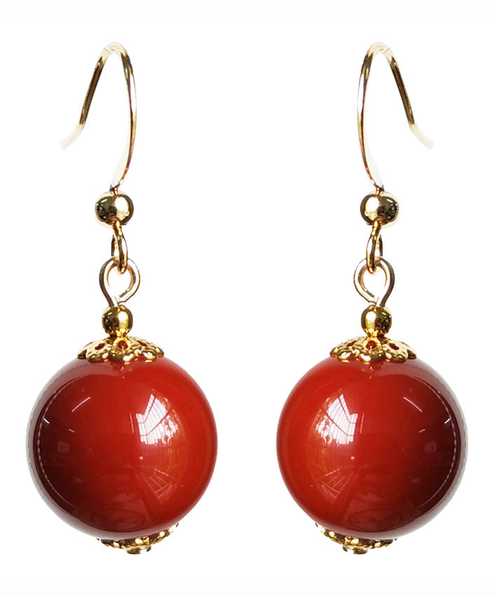 Stylish Red 14K Gold Agate Ball Drop Earrings