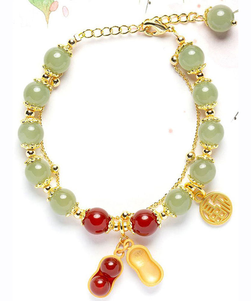 Stylish Red 18K Gold Jade Peanuts Tassel Charm Bracelet