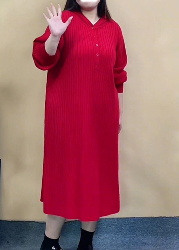 Stylish Red Hooded Oversized Knit Robe Dresses Fall