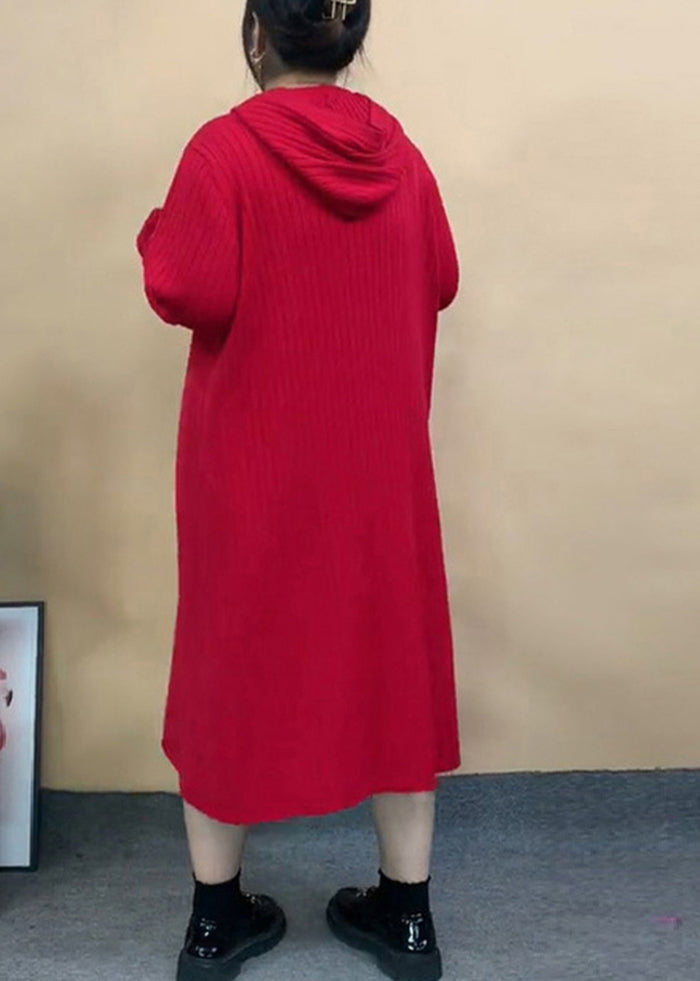 Stylish Red Hooded Oversized Knit Robe Dresses Fall