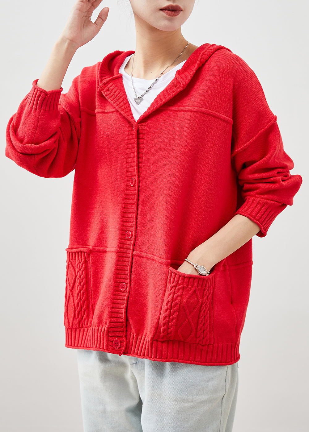 Stylish Red Hooded Pockets Knit Cardigans Spring