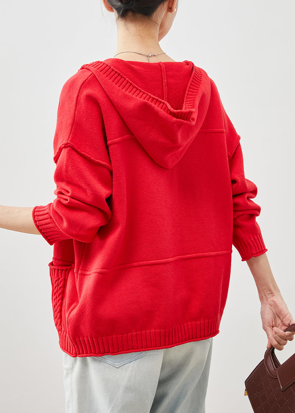 Stylish Red Hooded Pockets Knit Cardigans Spring