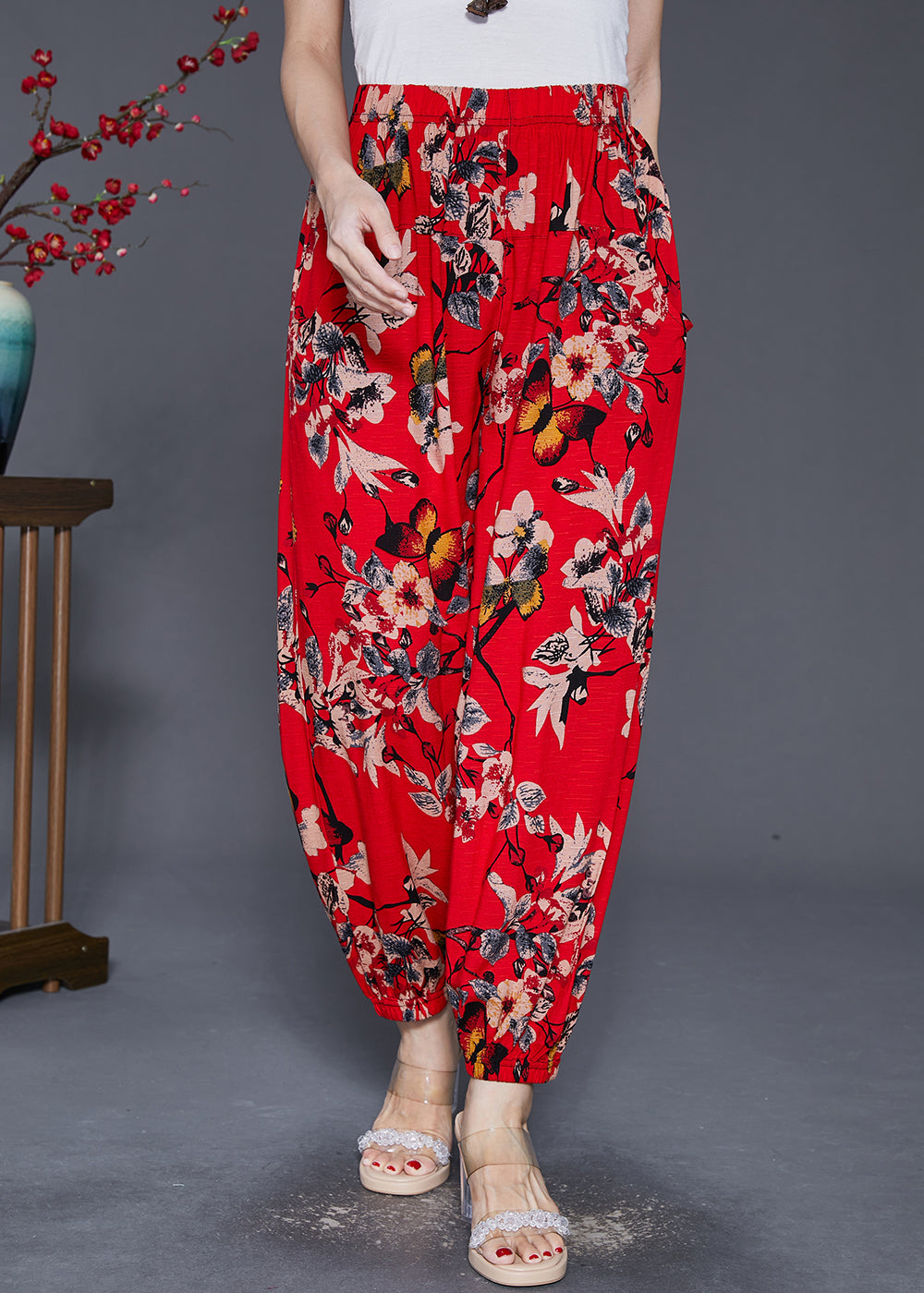 Stylish Red Oversized Print Cotton Harem Pants Fall