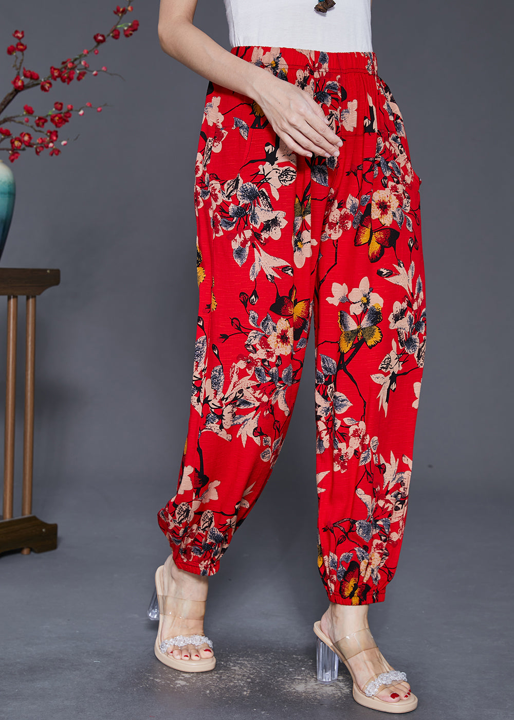 Stylish Red Oversized Print Cotton Harem Pants Fall