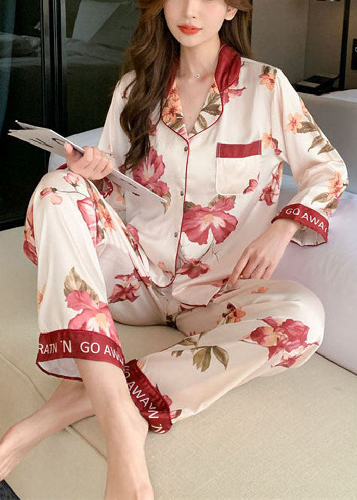 Stylish Red Oversized Print Ice Silk Pajamas Two Pieces Set Spring