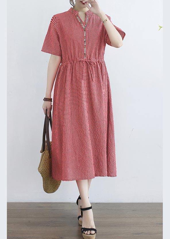 Stylish Red Plaid  Button Cotton Linen Summer Mid Dress - Omychic