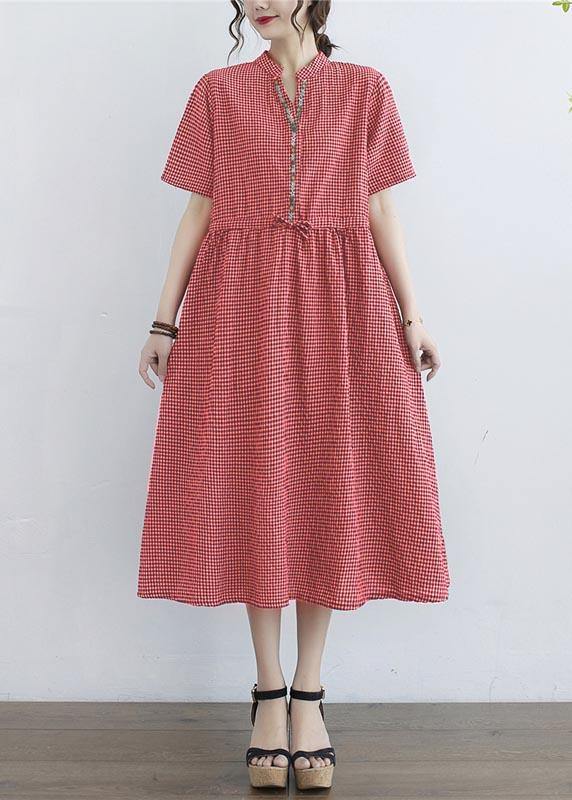 Stylish Red Plaid  Button Cotton Linen Summer Mid Dress - Omychic