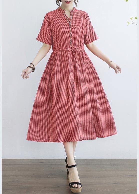 Stylish Red Plaid  Button Cotton Linen Summer Mid Dress - Omychic