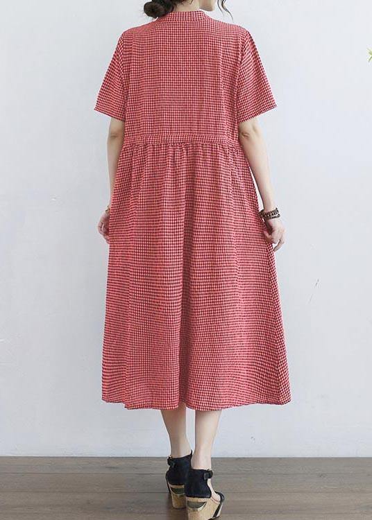 Stylish Red Plaid  Button Cotton Linen Summer Mid Dress - Omychic