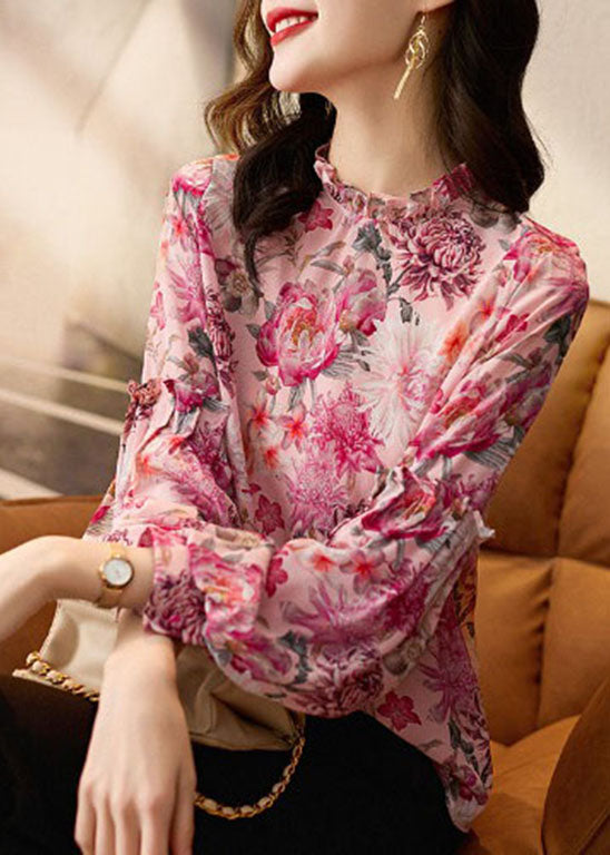 Stylish Red Stand Collar Ruffled Floral Chiffon Top lantern sleeve