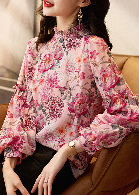 Stylish Red Stand Collar Ruffled Floral Chiffon Top lantern sleeve