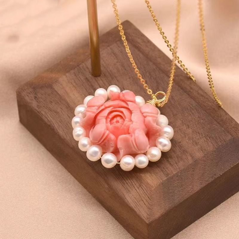 Stylish Red Sterling Silver Overgild Pearl Floral Pendant Necklace