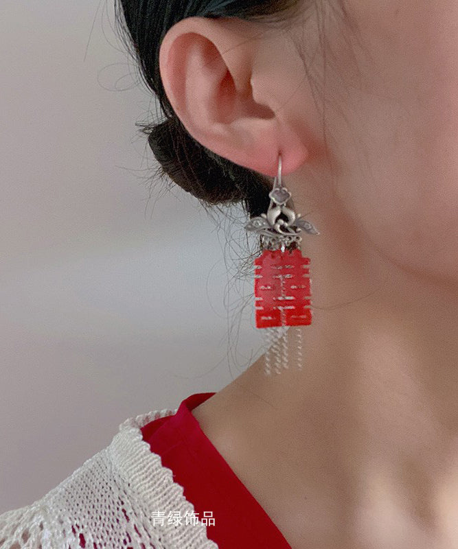 Stylish Red Sterling Silver Tassel Hoop Earrings