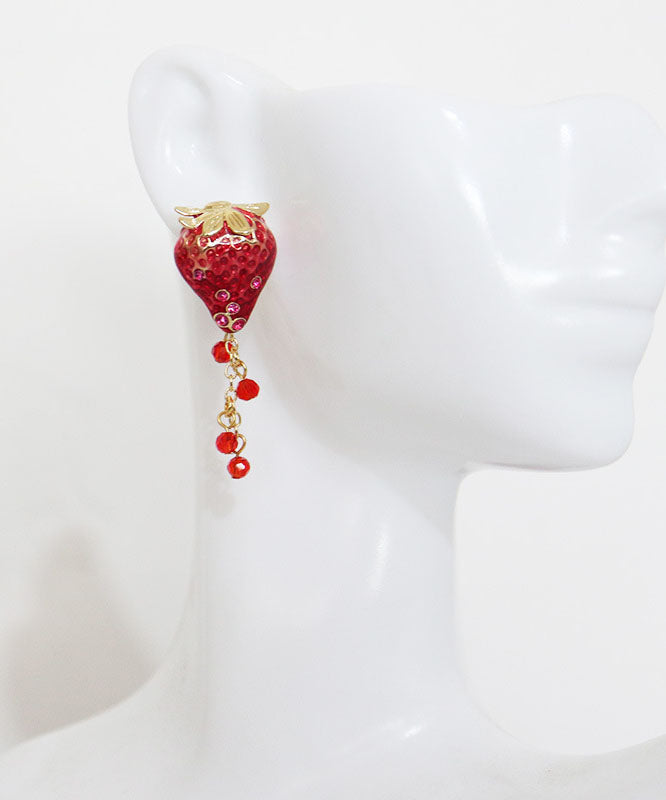 Stylish Red Strawberry Zircon Tassel Copper Drop Earrings