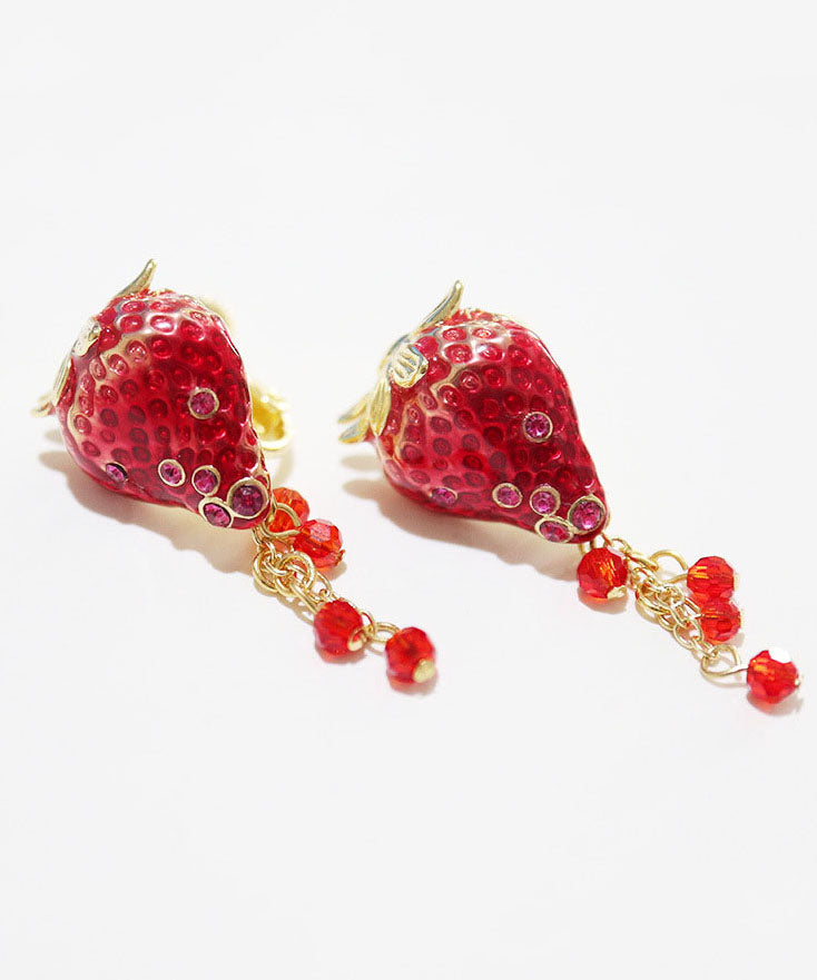 Stylish Red Strawberry Zircon Tassel Copper Drop Earrings