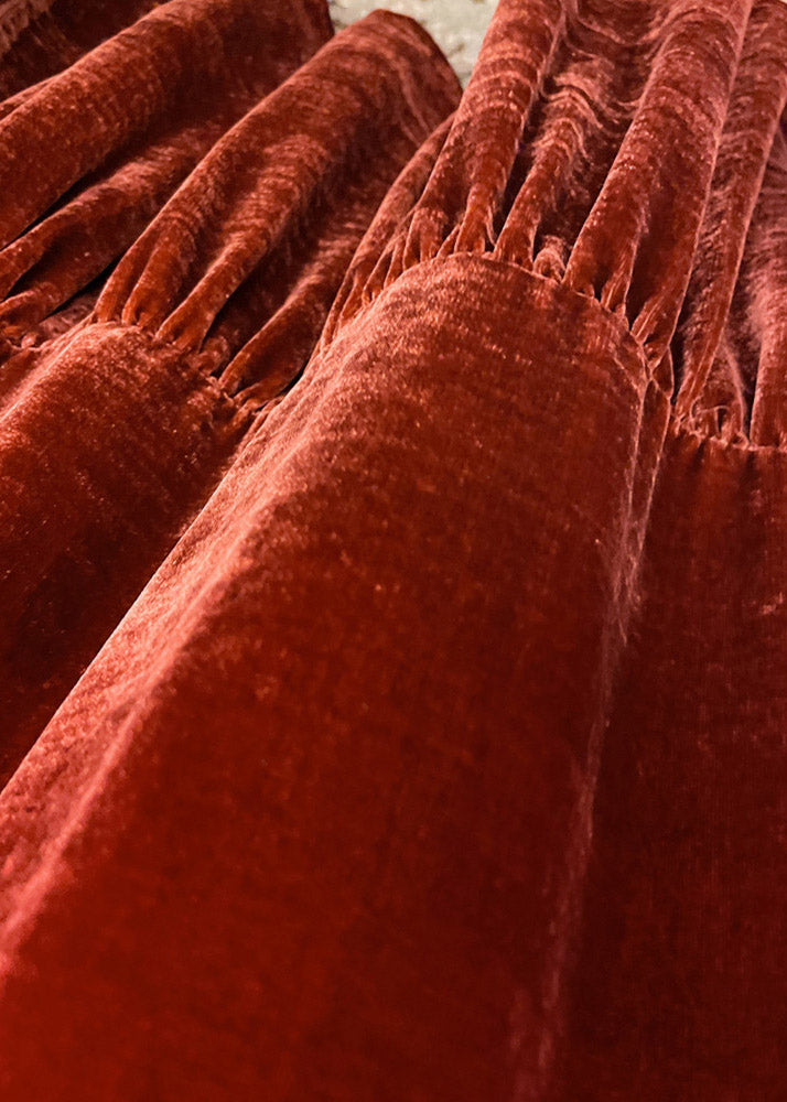Stylish Red V Neck Gradient Color Wrinkled Velour Long Dress Lantern Sleeve