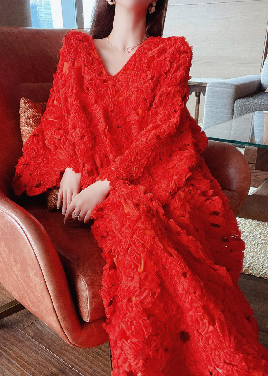 Stylish Red V Neck Hollow Out Floral Lace Long Dress Flare Sleeve