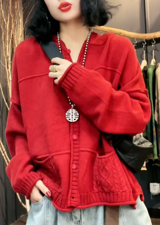 Stylish Red V Neck Pockets Patchwork Knit Cardigan Fall