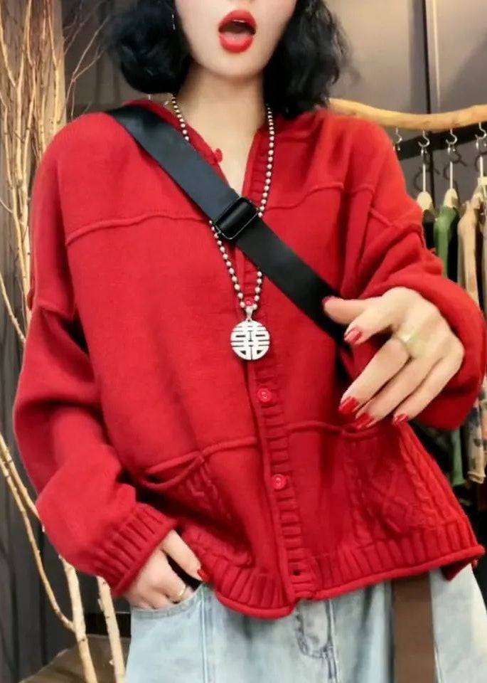 Stylish Red V Neck Pockets Patchwork Knit Cardigan Fall