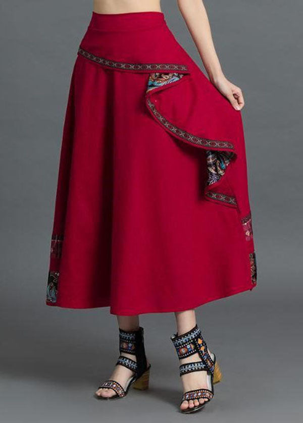 Stylish Red Wrinkled Asymmetrical Design Patchwork Cotton Skirt Spring