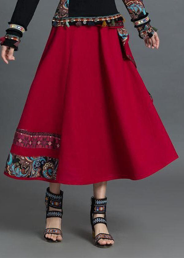 Stylish Red Wrinkled Asymmetrical Design Patchwork Cotton Skirt Spring