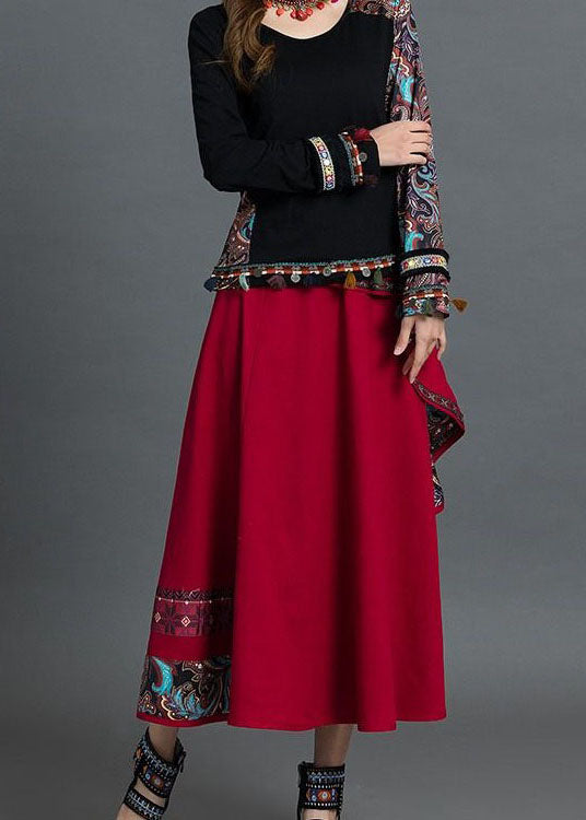 Stylish Red Wrinkled Asymmetrical Design Patchwork Cotton Skirt Spring
