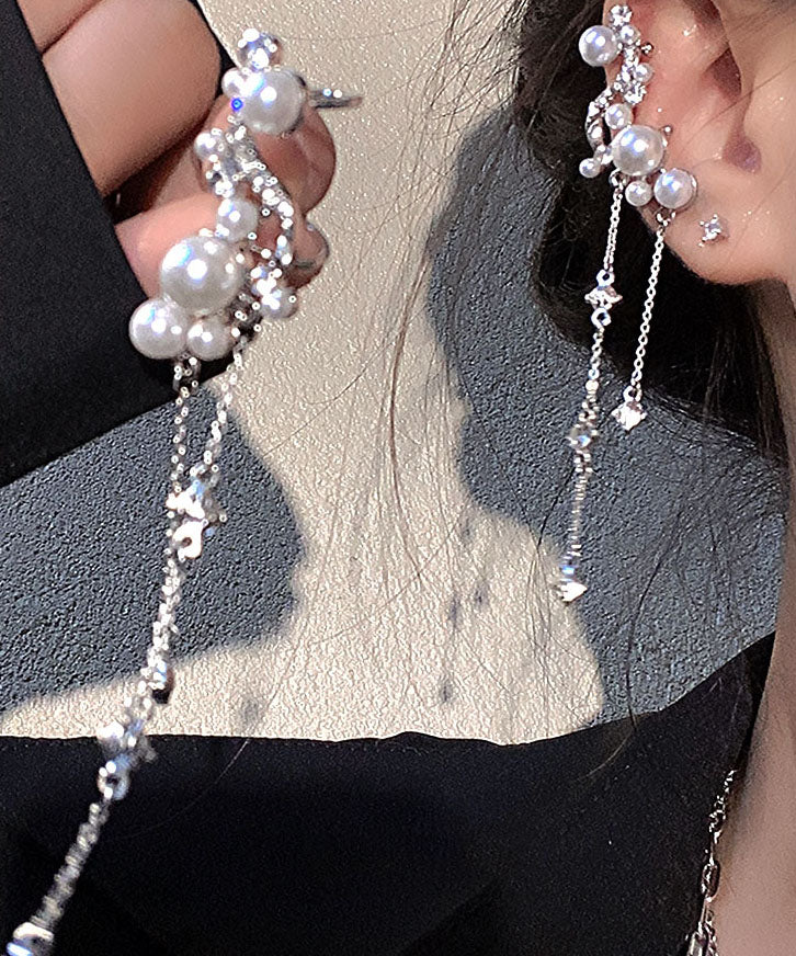 Stylish Silk Copper Zircon Pearl Tassel Drop Earrings