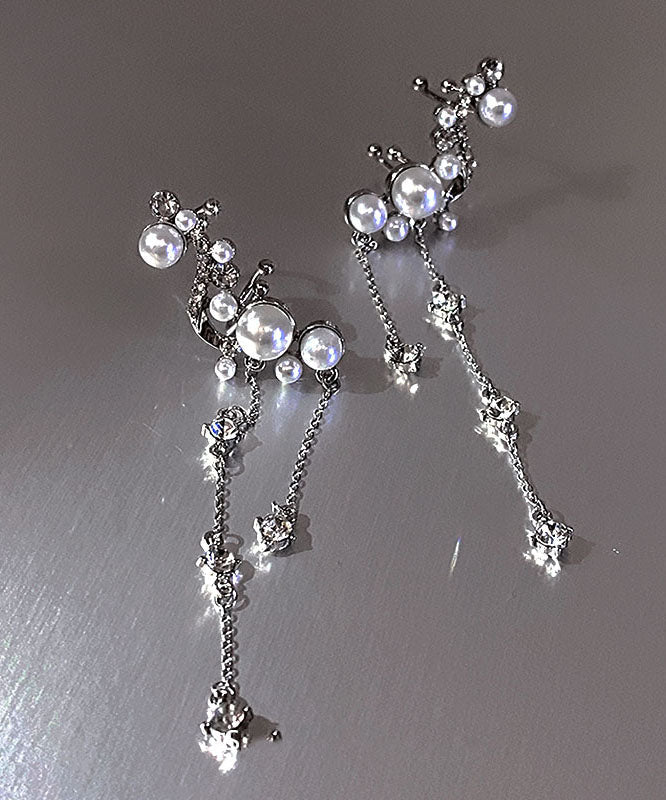 Stylish Silk Copper Zircon Pearl Tassel Drop Earrings