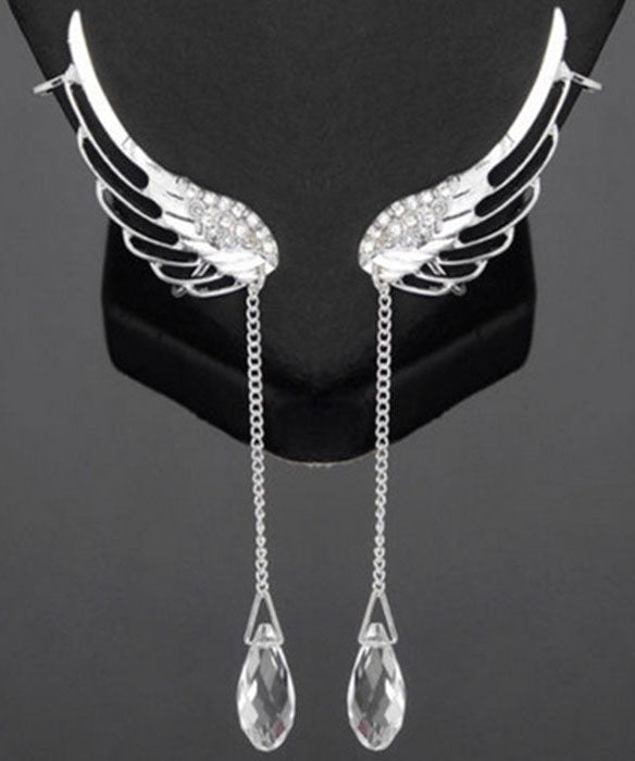 Stylish Silver Color Angel Wings Crystal Metal Tassel Drop Earrings
