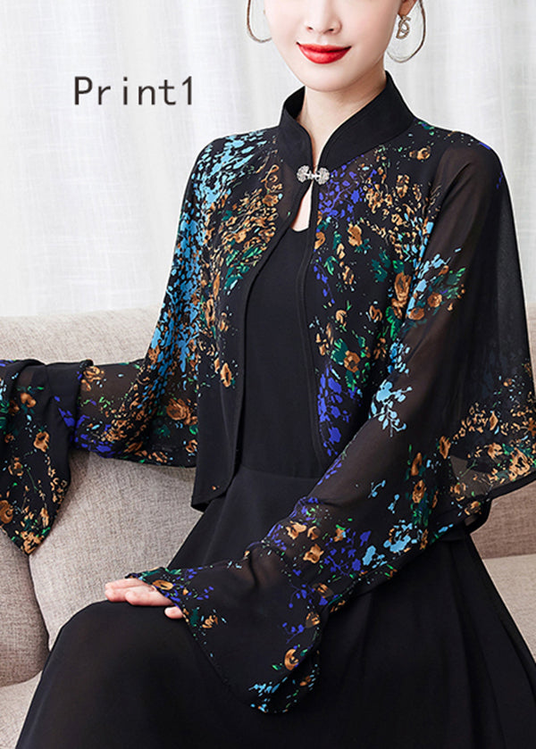 Stylish Stand Collar Print Patchwork Chiffon Cape Flare Sleeve