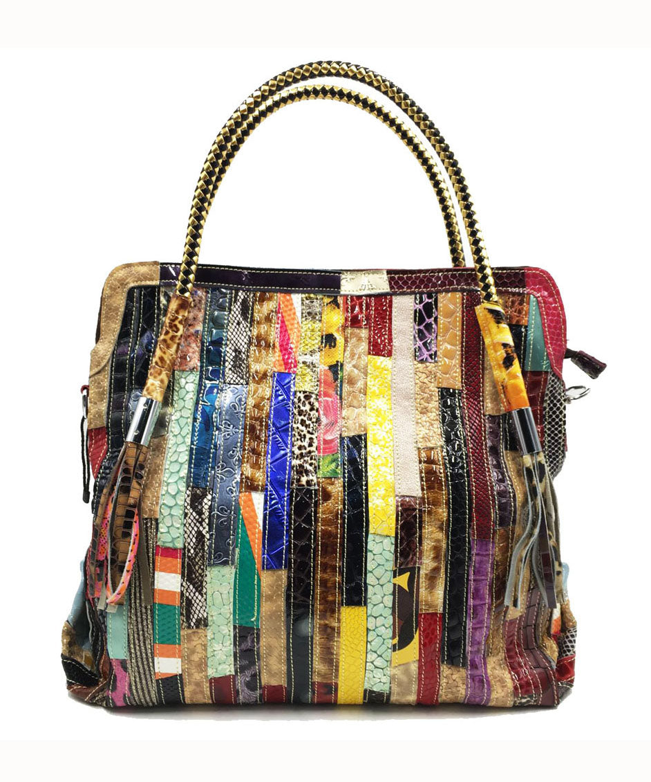 Stylish Striped Tassel Patchwork Calf Leather Satchel Handbag