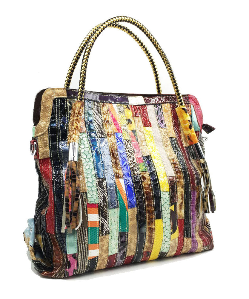 Stylish Striped Tassel Patchwork Calf Leather Satchel Handbag