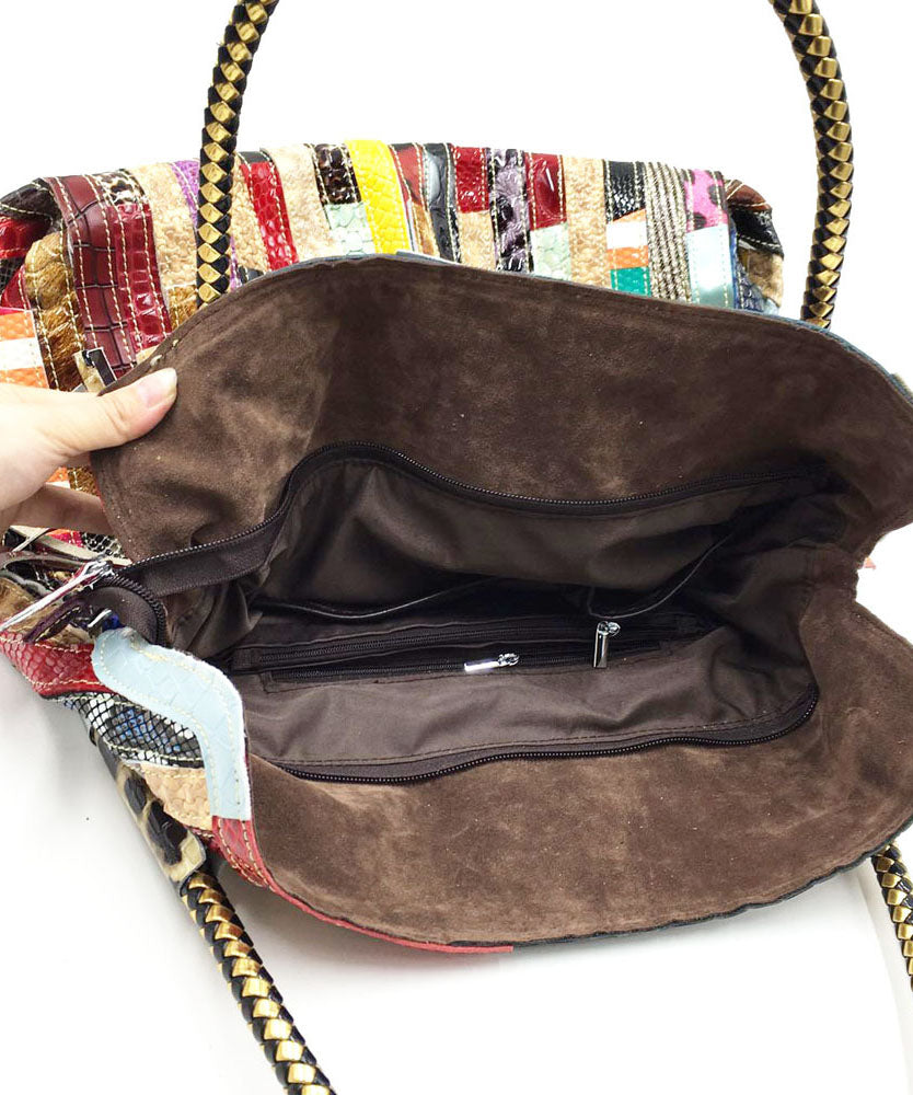 Stylish Striped Tassel Patchwork Calf Leather Satchel Handbag