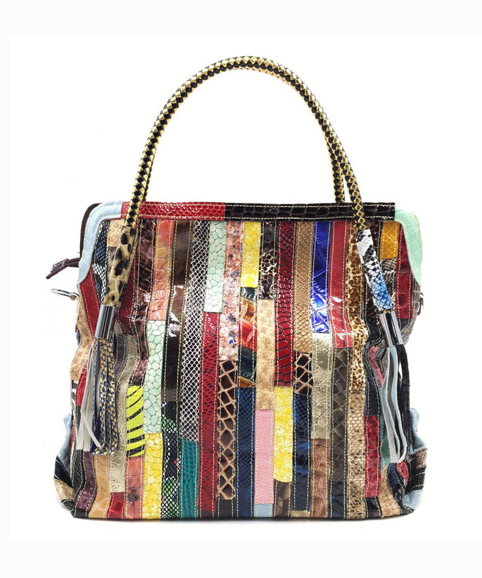 Stylish Striped Tassel Patchwork Calf Leather Satchel Handbag