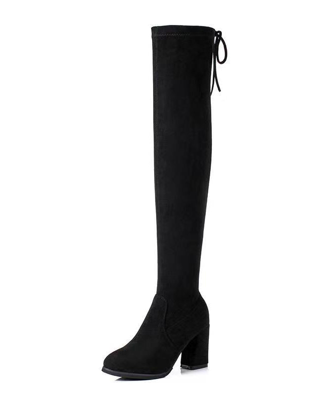 Stylish Versatile Black Knee Boots Chunky Heel Suede
