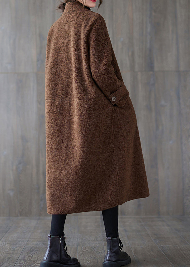 Stylish Versatile Coffee Notched Pockets Faux Fur Coats Winter