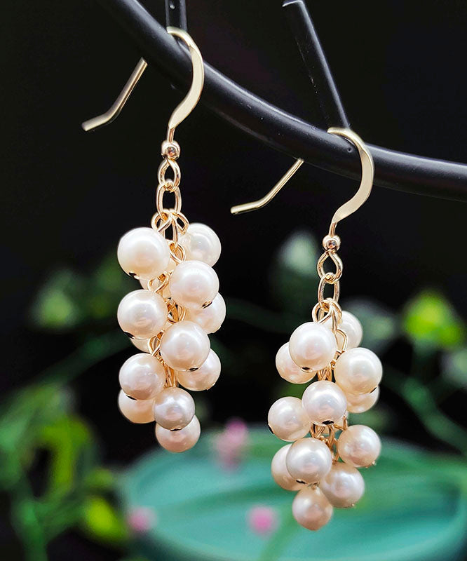 Stylish White 14K Gold Pearl Grape Skewers Drop Earrings