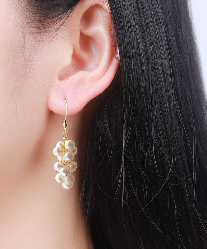 Stylish White 14K Gold Pearl Grape Skewers Drop Earrings