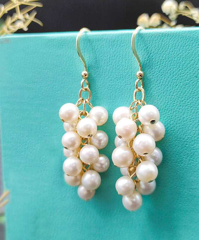 Stylish White 14K Gold Pearl Grape Skewers Drop Earrings